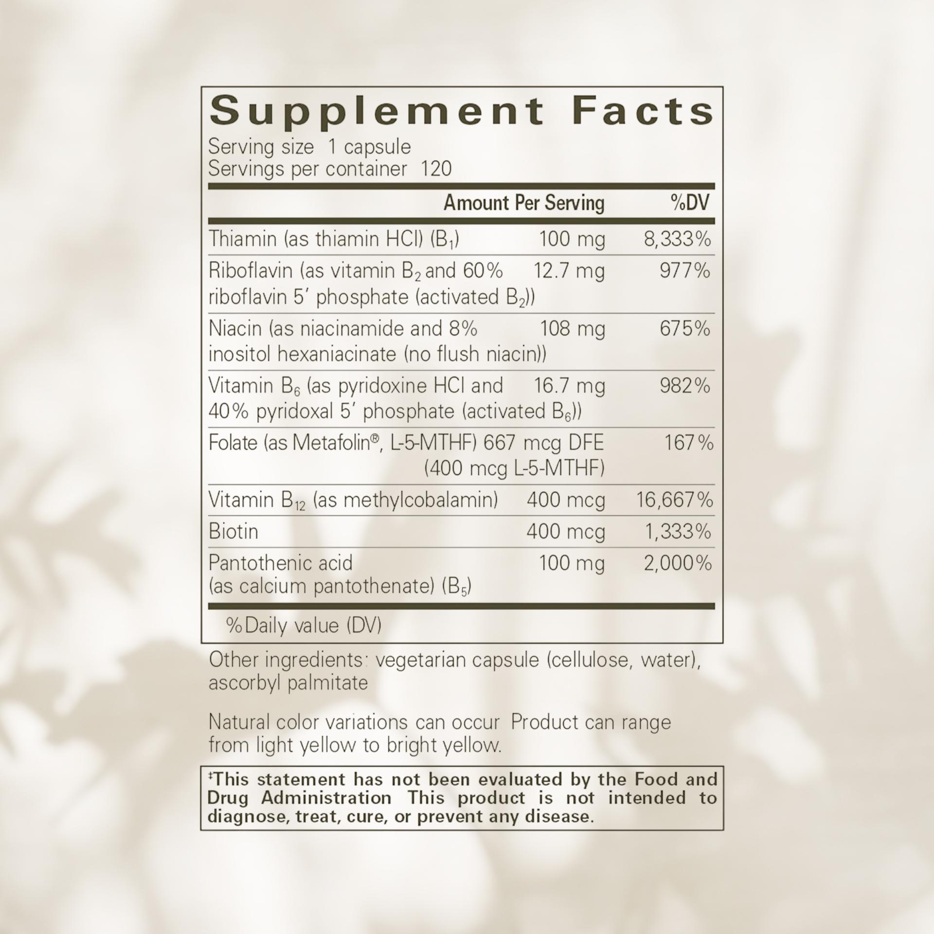 Supplement facts label on a beige background